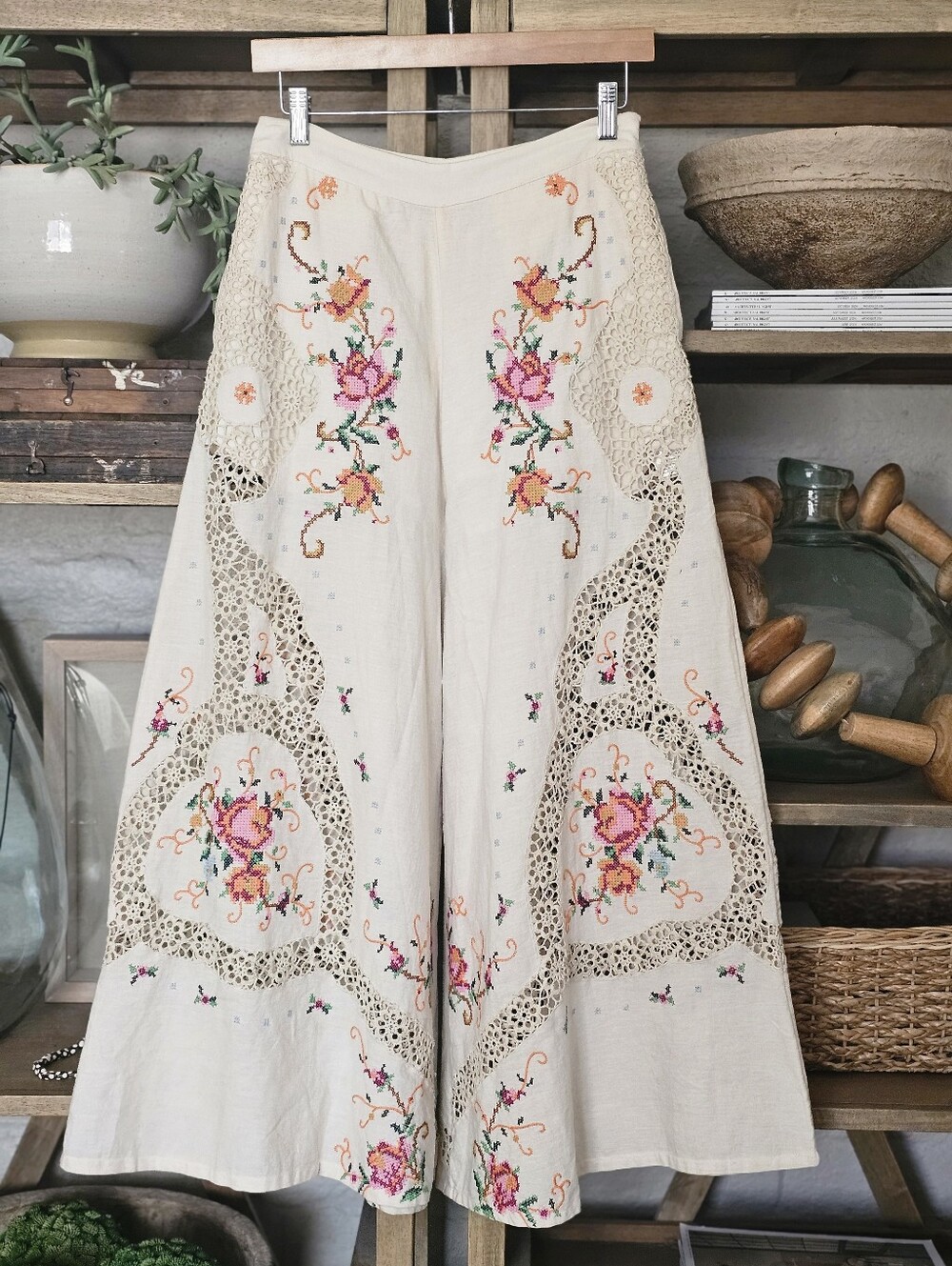 Free People Bali Nana Cross Stitch Linen Lace Pants Size 4 NWOT